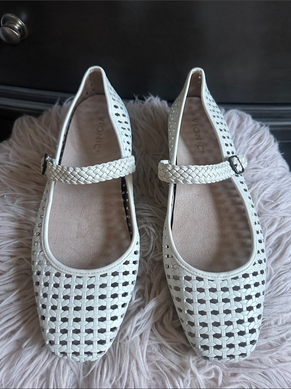 Vionic Cream Woven Mary Jane Flats with Braided Strap